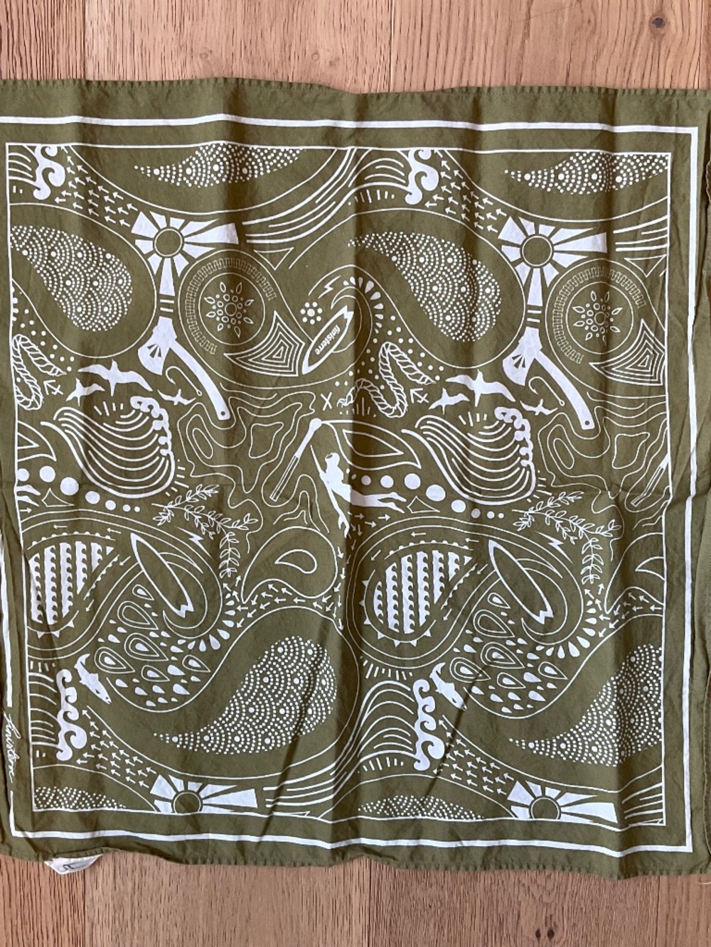 Finisterre printed handkerchief dark khaki chartreuse ecru NWOT organic cotton